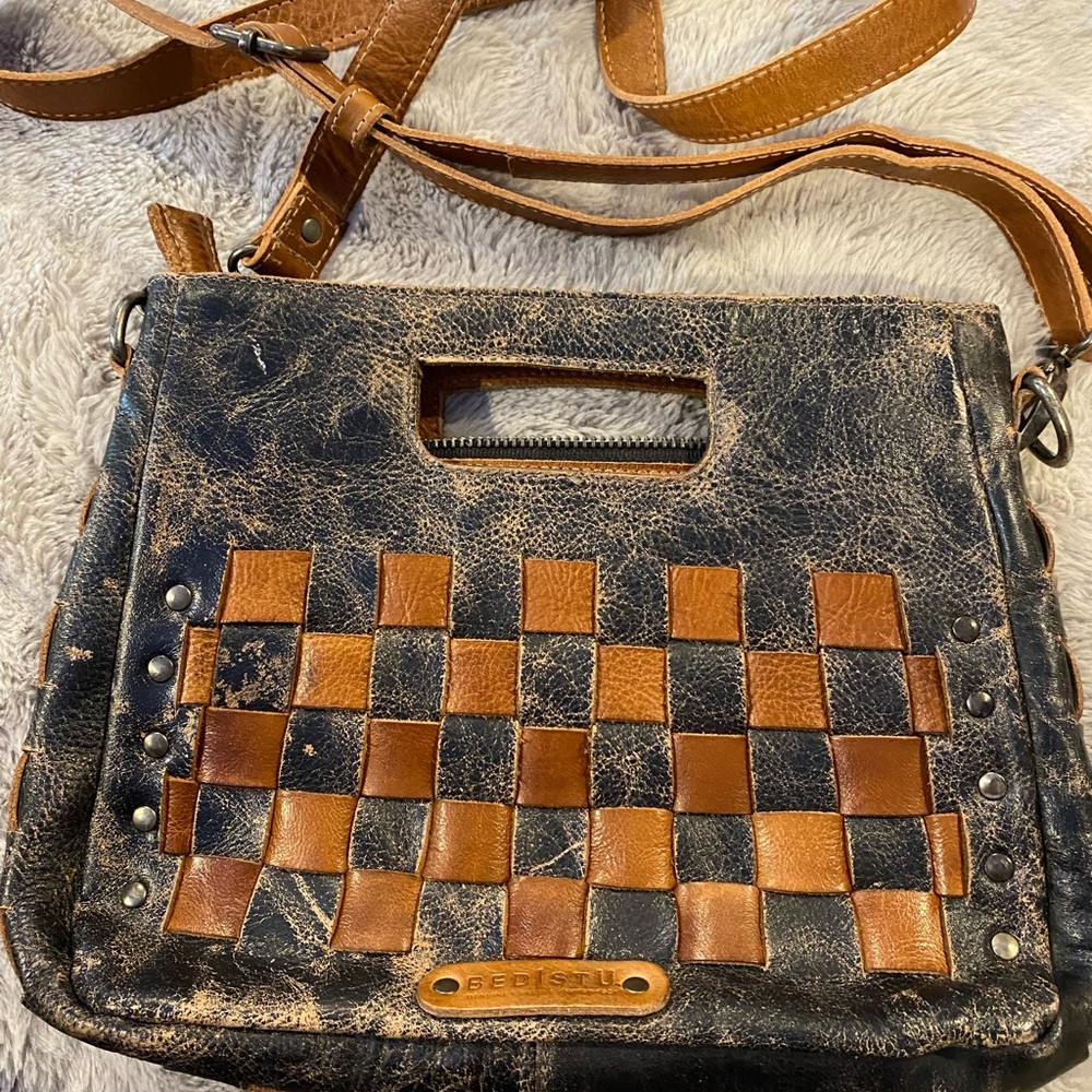 BED|STU Distressed Black Lux Tan Rustic Leather Keiki Crossbody Bag